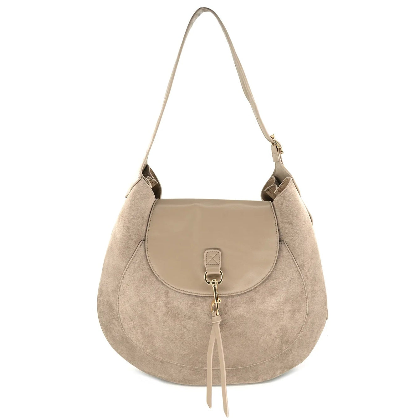 Beige handbag with a gold clasp on a white background