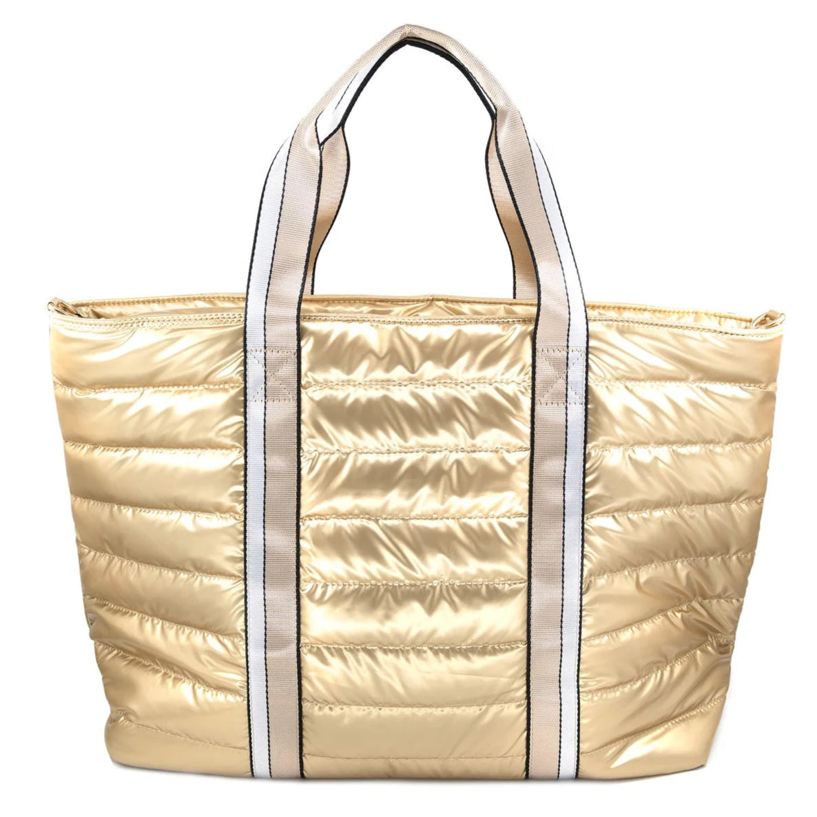 Gold quilted tote bag with white trim on a white background