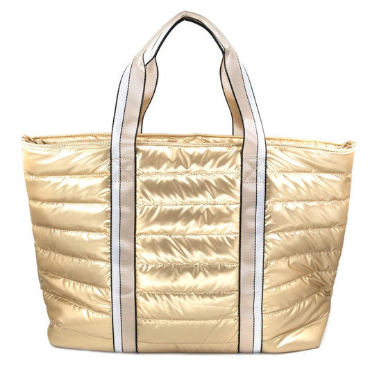 Gold quilted tote bag with white trim on a white background